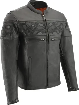 Milwaukee Leather Men's Crossover Stand Up Collar Motorcycle Jacket MLM1500 w/Reflective Skulls & Two Inside Gun Pockets