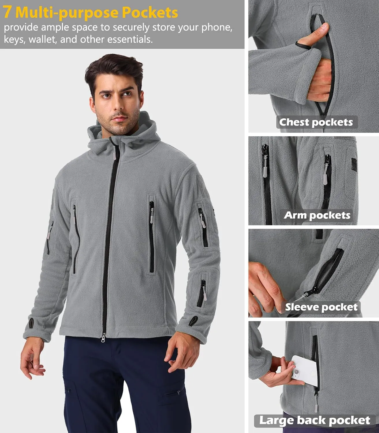NAVEKULL Men's Tactical Hoodie Fleece Jacket Winter Warm Full-Zip Military Army Outdoor Hiking Coat with 7 Zip-pockets