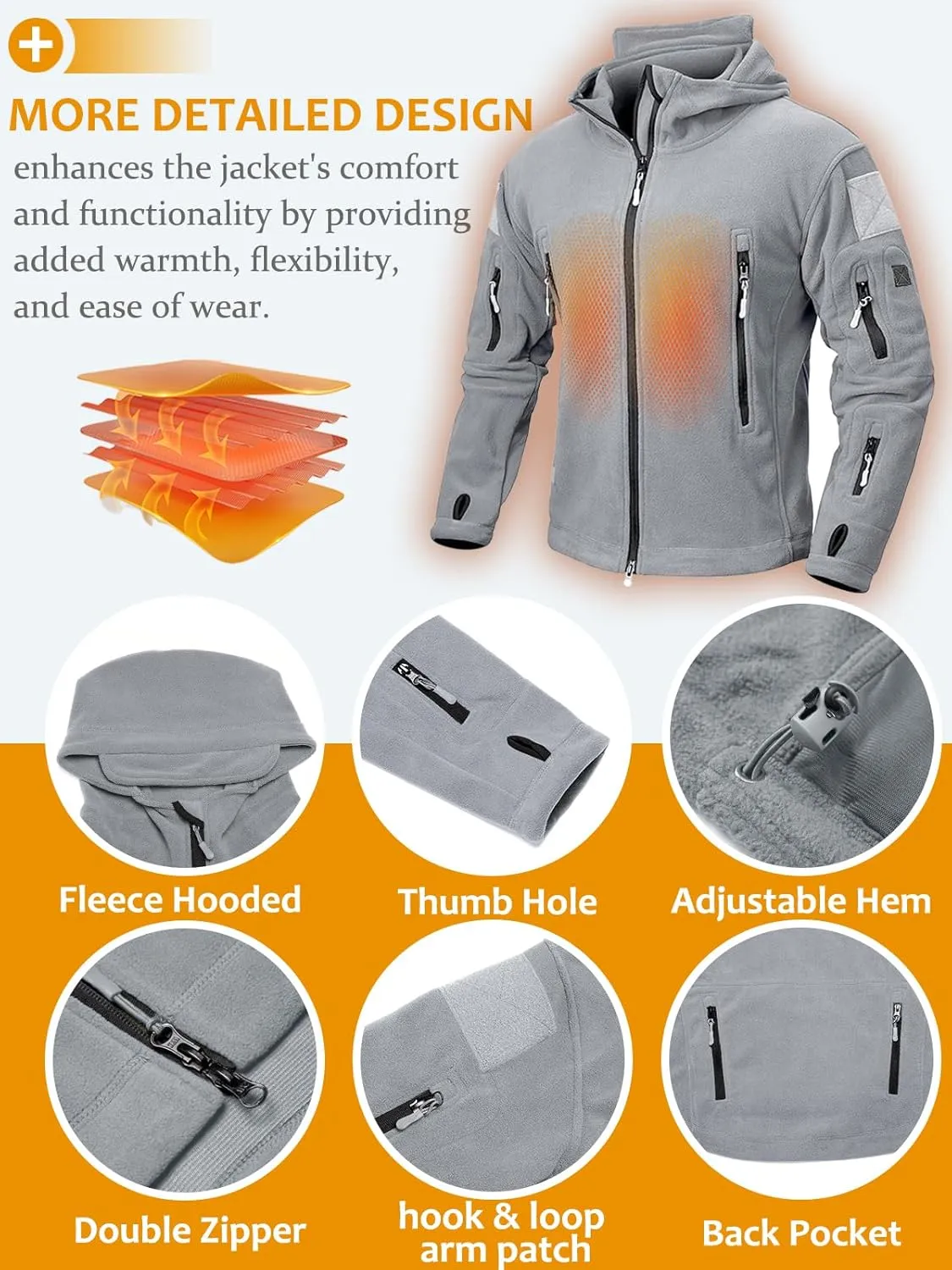 NAVEKULL Men's Tactical Hoodie Fleece Jacket Winter Warm Full-Zip Military Army Outdoor Hiking Coat with 7 Zip-pockets
