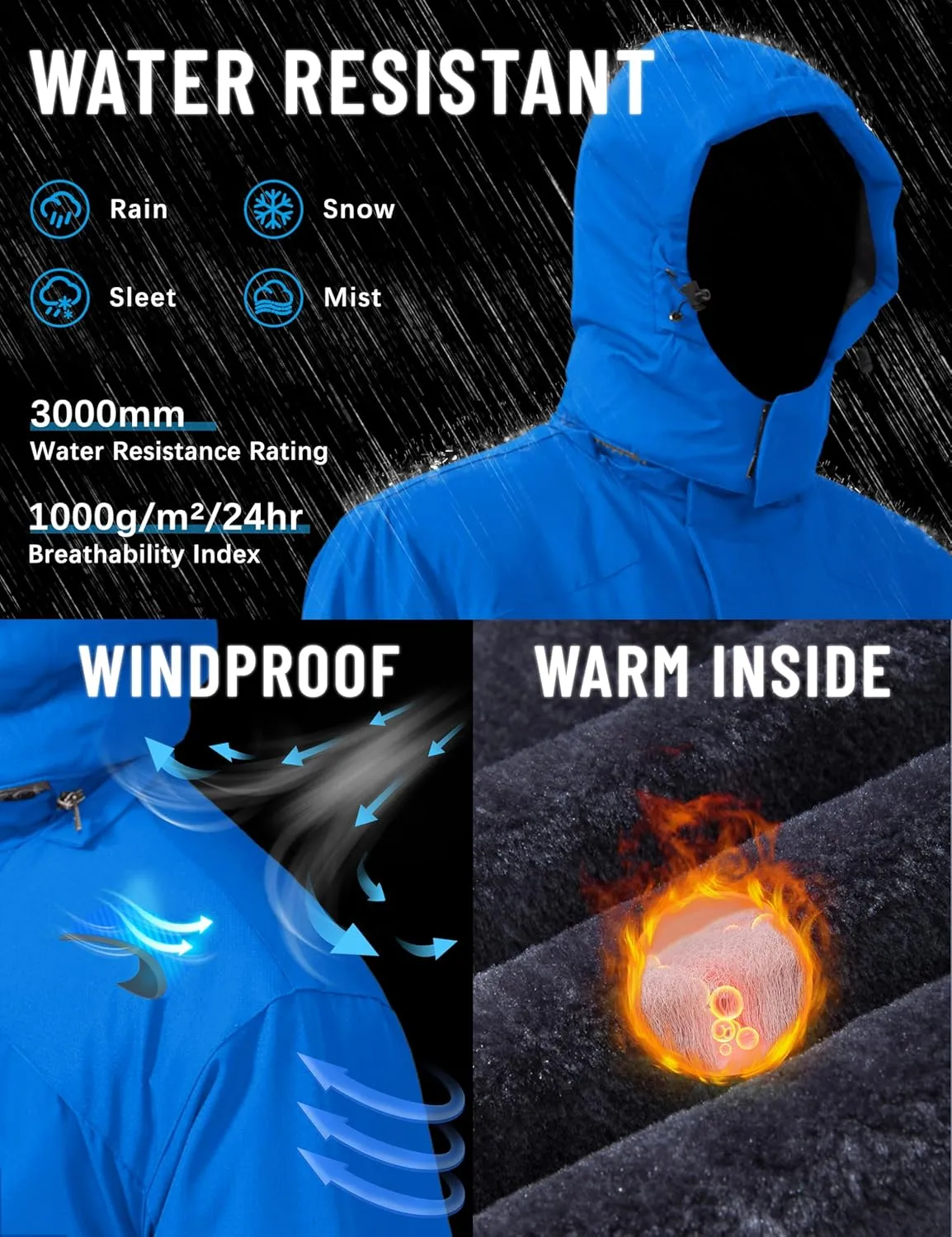 TACVASEN Men's Ski Snowboard Jacket Warm Winter Windproof Hiking Fishing Travel Fleece Lined Jacket Hooded with Pockets