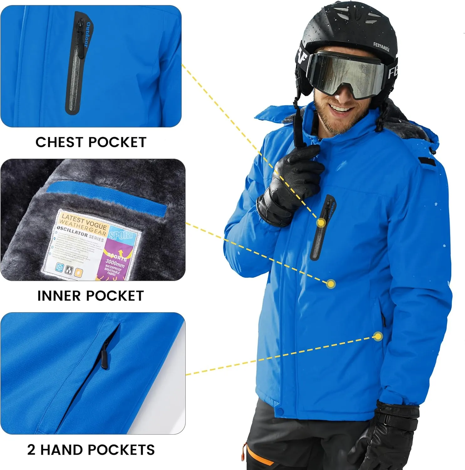 TACVASEN Men's Ski Snowboard Jacket Warm Winter Windproof Hiking Fishing Travel Fleece Lined Jacket Hooded with Pockets