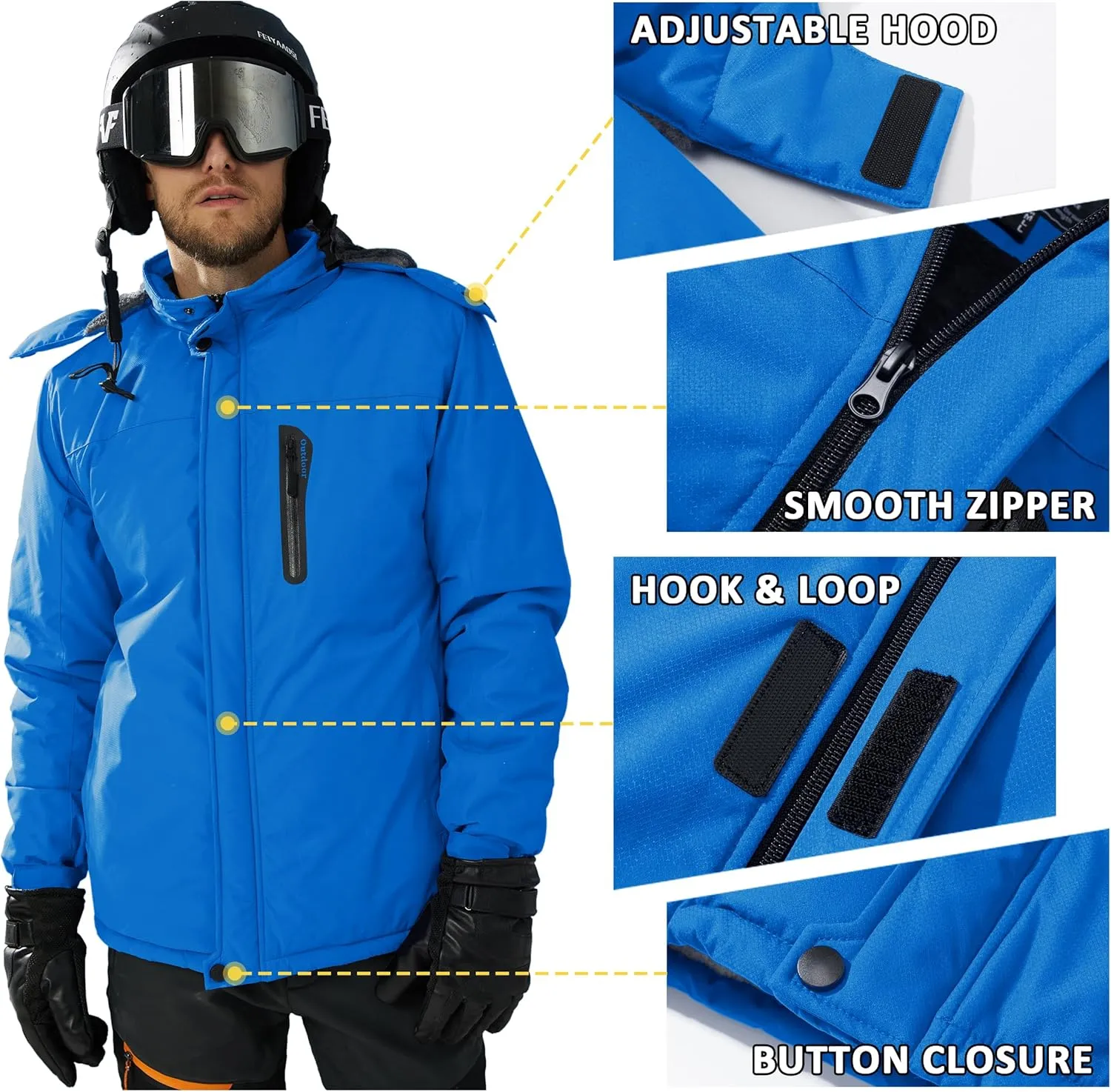 TACVASEN Men's Ski Snowboard Jacket Warm Winter Windproof Hiking Fishing Travel Fleece Lined Jacket Hooded with Pockets