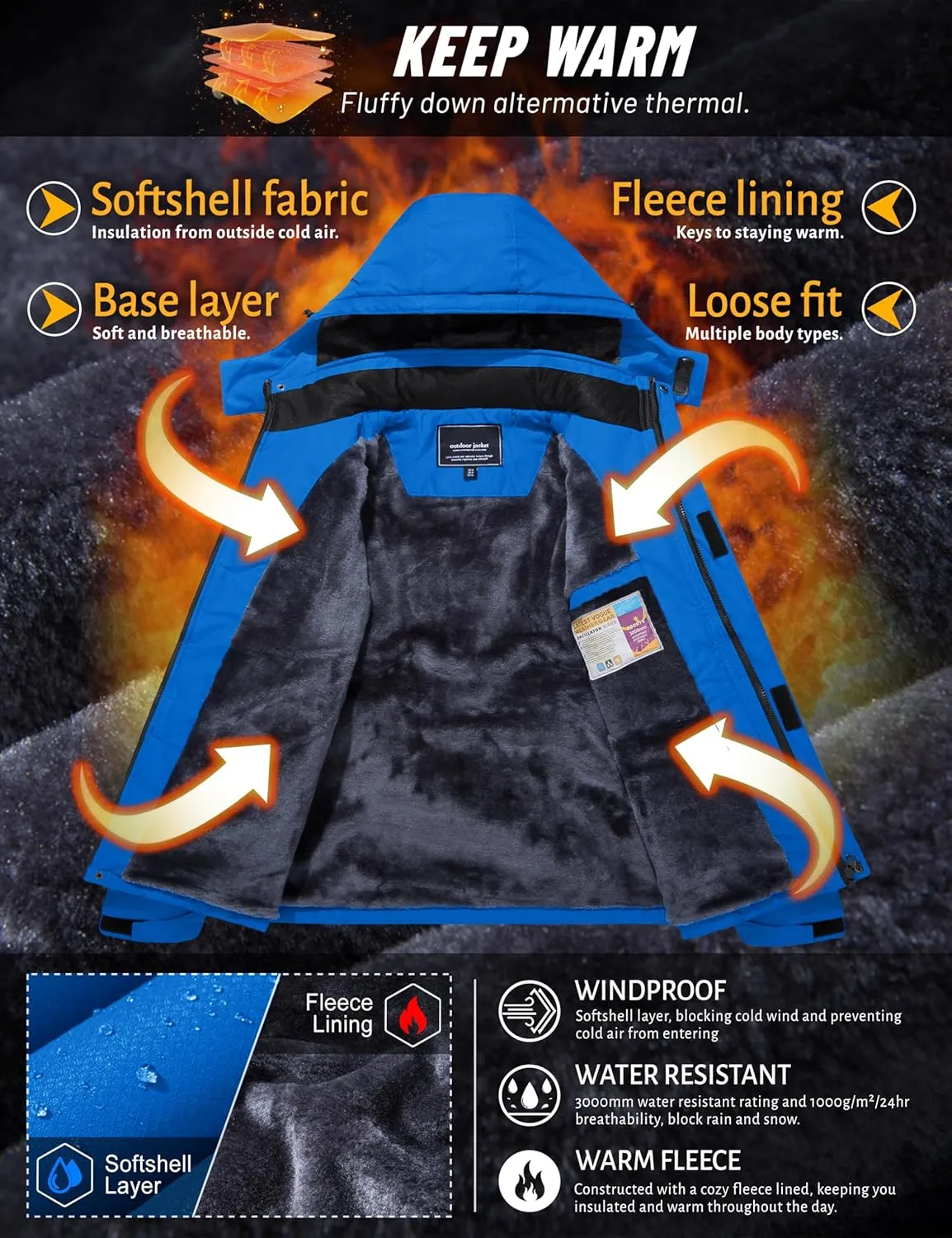 TACVASEN Men's Ski Snowboard Jacket Warm Winter Windproof Hiking Fishing Travel Fleece Lined Jacket Hooded with Pockets