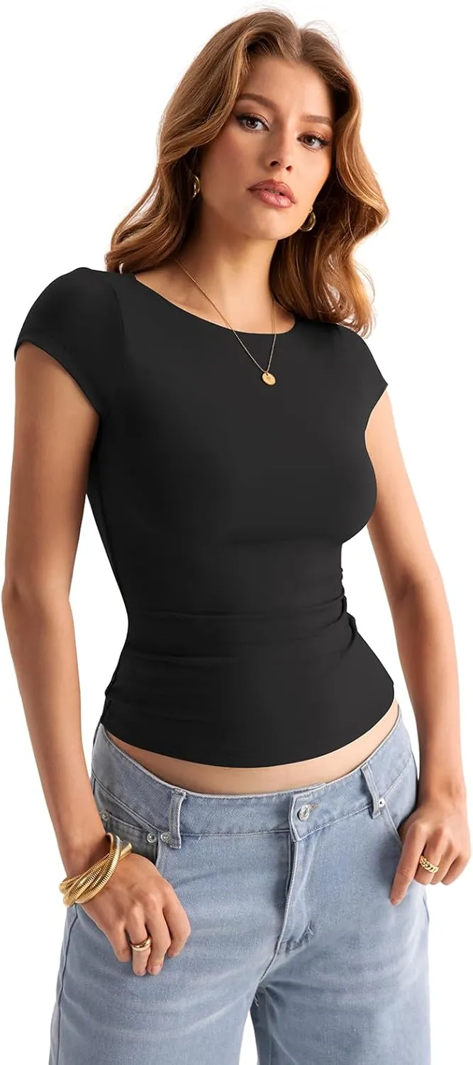 Womens Double Lined Cap Sleeve Tops Boat Neck Shirts Slim Fitted Going Out Tees Y2k Clothes 2025