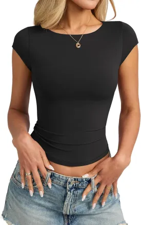 Womens Double Lined Cap Sleeve Tops Boat Neck Shirts Slim Fitted Going Out Tees Y2k Clothes 2025