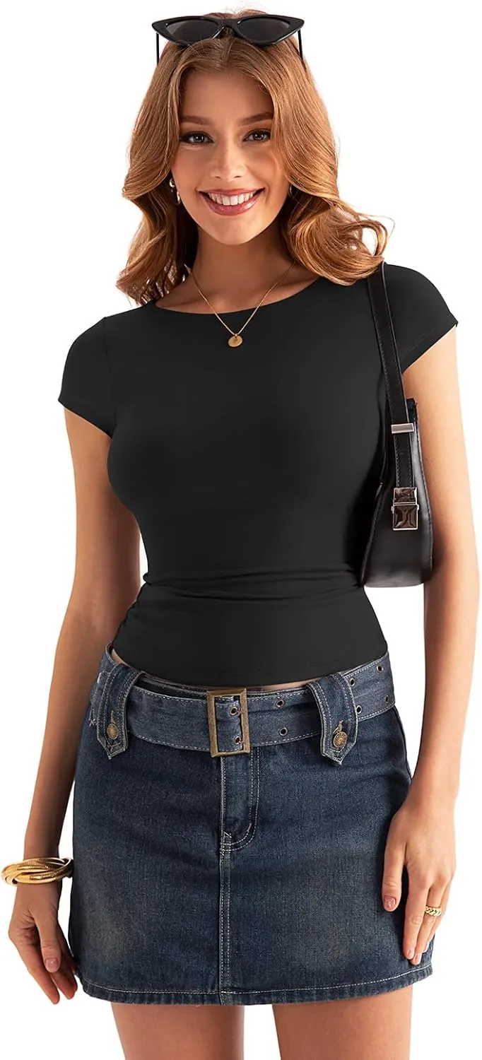 Womens Double Lined Cap Sleeve Tops Boat Neck Shirts Slim Fitted Going Out Tees Y2k Clothes 2025