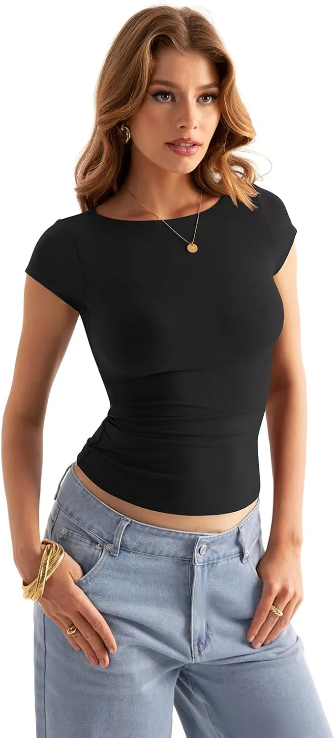 Womens Double Lined Cap Sleeve Tops Boat Neck Shirts Slim Fitted Going Out Tees Y2k Clothes 2025