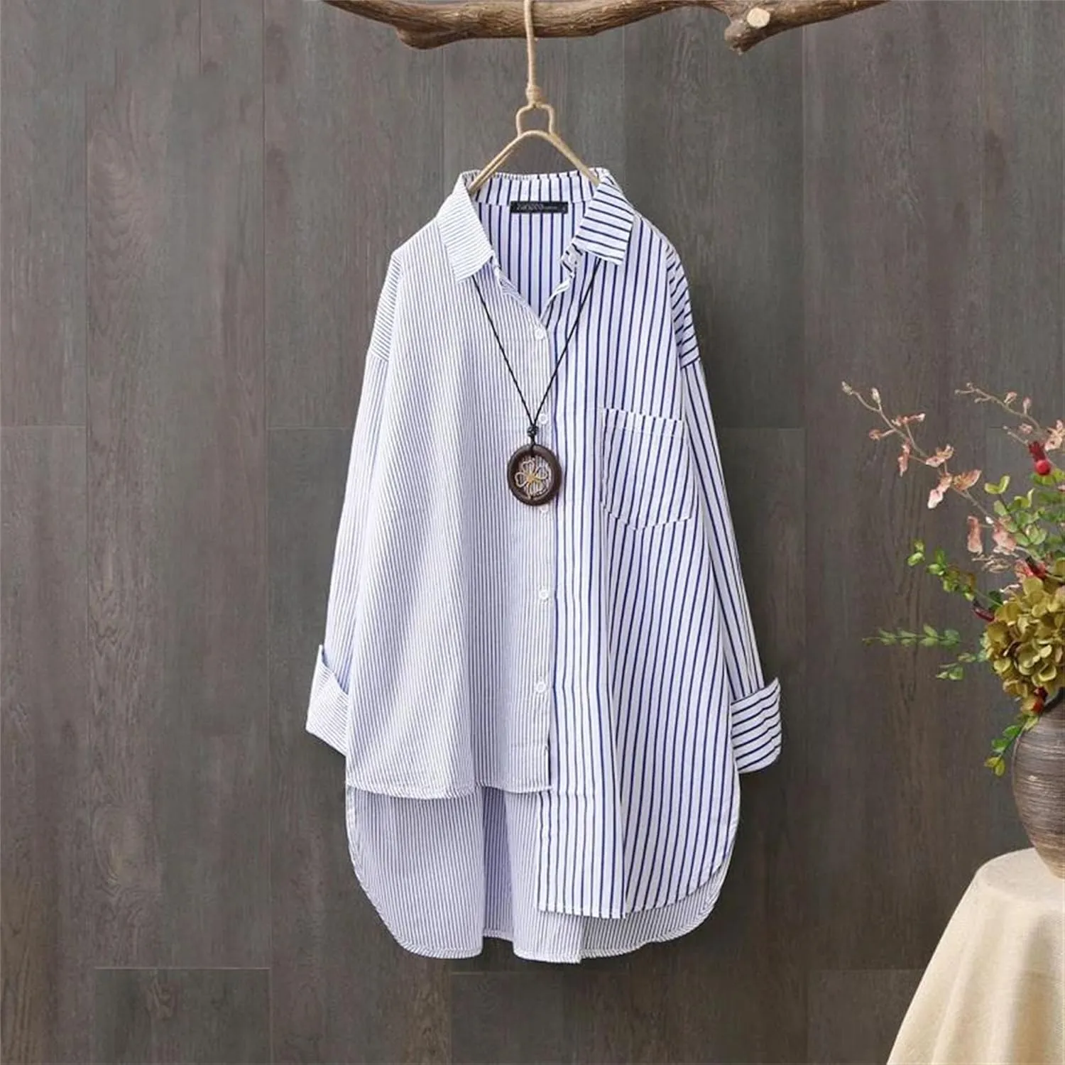 Women's Relaxed Fit Button Down Shirt Plus Size Asymmetrical Oversized Boyfriend Shirts with Pockets High-Low Hem Blouse