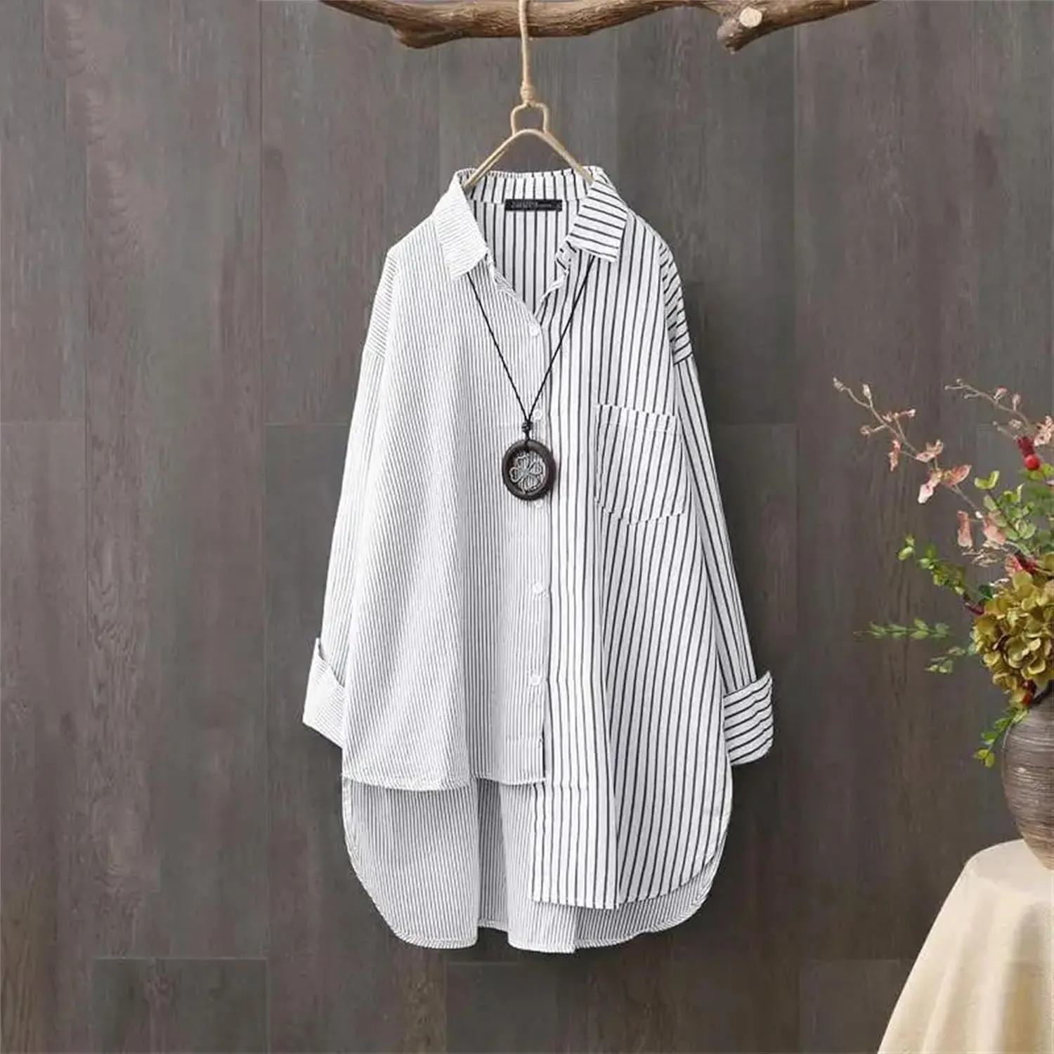 Women's Relaxed Fit Button Down Shirt Plus Size Asymmetrical Oversized Boyfriend Shirts with Pockets High-Low Hem Blouse