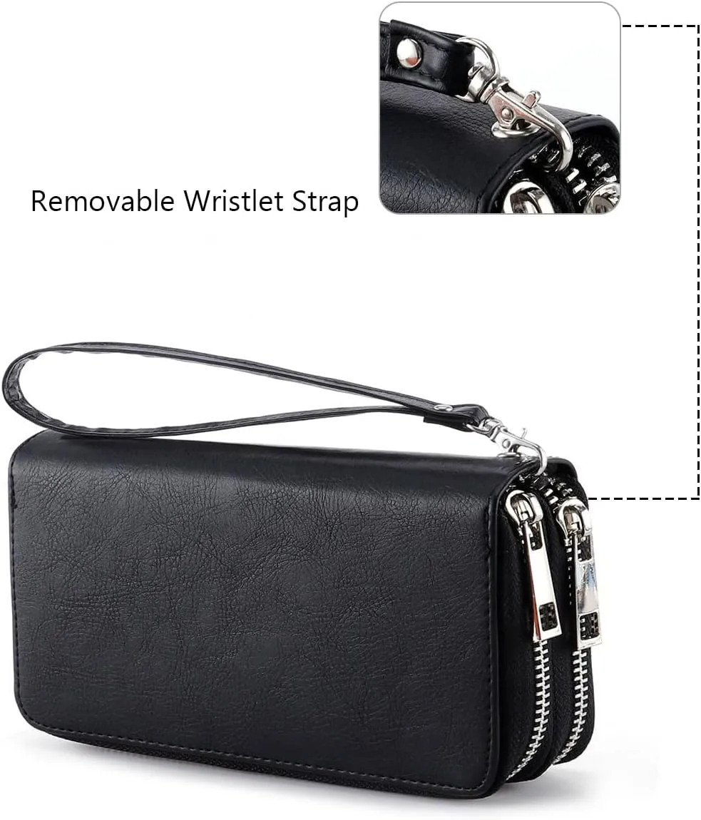 XEYOU Double Zipper Long Clutch Wallet Cellphone Wallet for Women with Removable Wristlet Strap for Credit Card, Cash, Coin, Bill