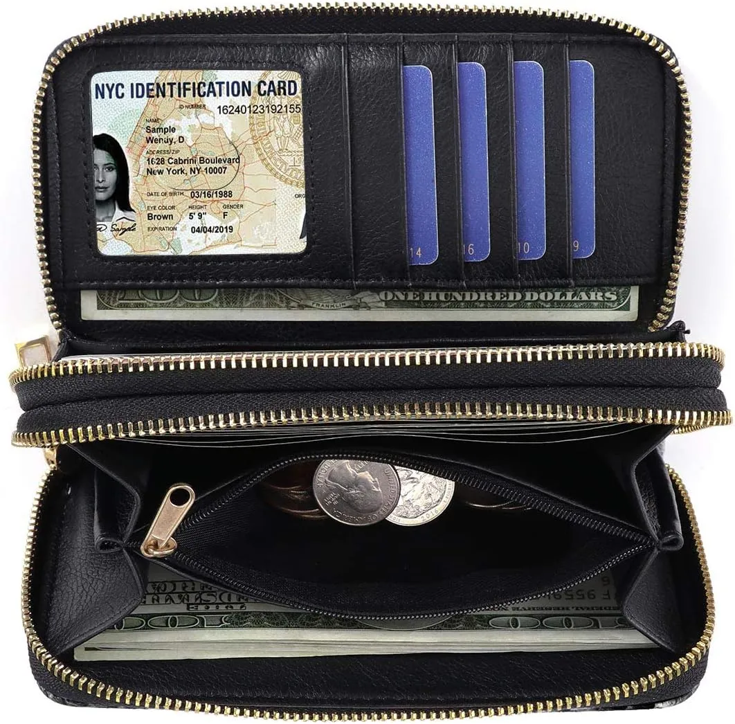 XEYOU Double Zipper Long Clutch Wallet Cellphone Wallet for Women with Removable Wristlet Strap for Credit Card, Cash, Coin, Bill