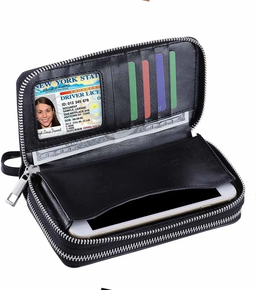 XEYOU Double Zipper Long Clutch Wallet Cellphone Wallet for Women with Removable Wristlet Strap for Credit Card, Cash, Coin, Bill